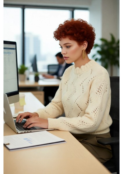 Kadın Ekru Kalın Dokulu Regular Fit Ajurlu Triko Kazak Uzun Kollu Süper Crop Dik Yaka Sonbahar Kış