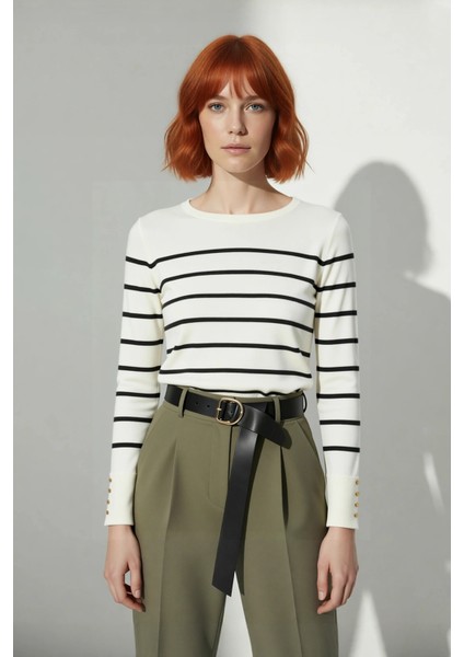 Kadın Modern Ekru Çizgili Bisiklet Yaka Fitted Kesim Triko Kazak Ilkbahar Sonbahar Konforu fiyatları