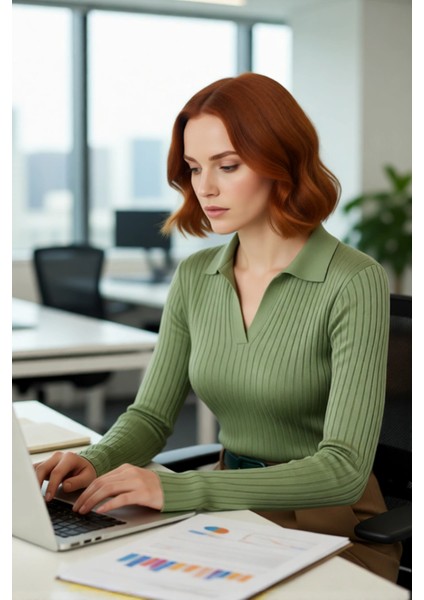 Kadınlar Için Uzun Kollu Regular Fitilli Triko Kazak Polo Yaka Detaylı Kışlık Şık Görünüm Kaliteli