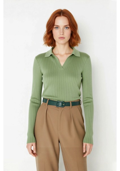 Kadınlar Için Uzun Kollu Regular Fitilli Triko Kazak Polo Yaka Detaylı Kışlık Şık Görünüm Kaliteli fiyatları