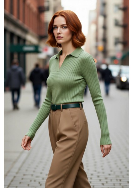 Kadınlar Için Uzun Kollu Regular Fitilli Triko Kazak Polo Yaka Detaylı Kışlık Şık Görünüm Kaliteli fırsatları