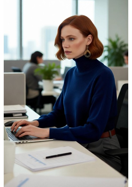 Kadın Ekru Oversize Süper Crop Dik Yaka Triko Kazak Düşük Kol Kışlık Güncel Moda Trendi Kaliteli