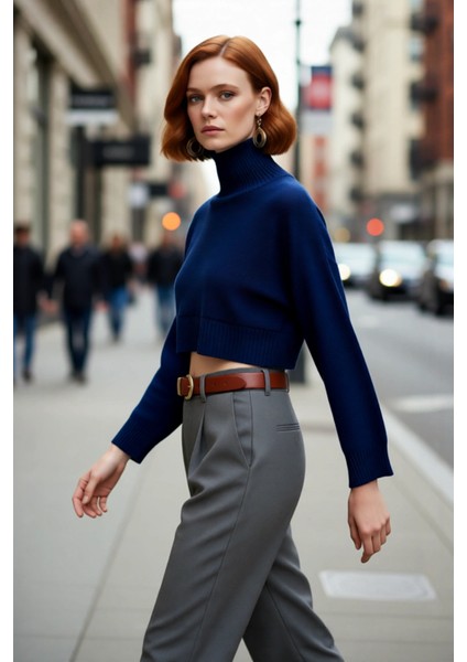 Kadın Ekru Oversize Süper Crop Dik Yaka Triko Kazak Düşük Kol Kışlık Güncel Moda Trendi Kaliteli fırsatları