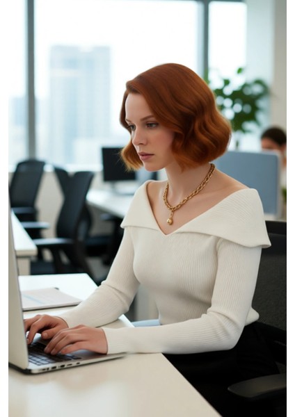 Kadın Modern Fitted Triko Bluz Devrik Carmen Yaka Ince Fitilli Dokuma Uzun Kol Crop Tasarım