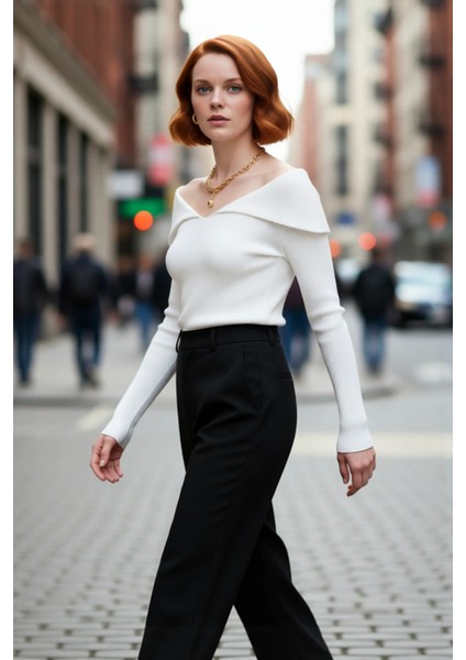 Kadın Modern Fitted Triko Bluz Devrik Carmen Yaka Ince Fitilli Dokuma Uzun Kol Crop Tasarım fırsatları