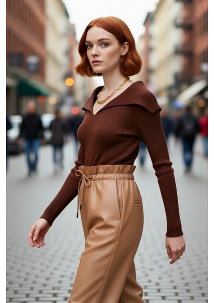 Kadın Modern Fitted Triko Bluz Devrik Carmen Yaka Ince Fitilli Dokuma Uzun Kol Crop Tasarım fırsatları