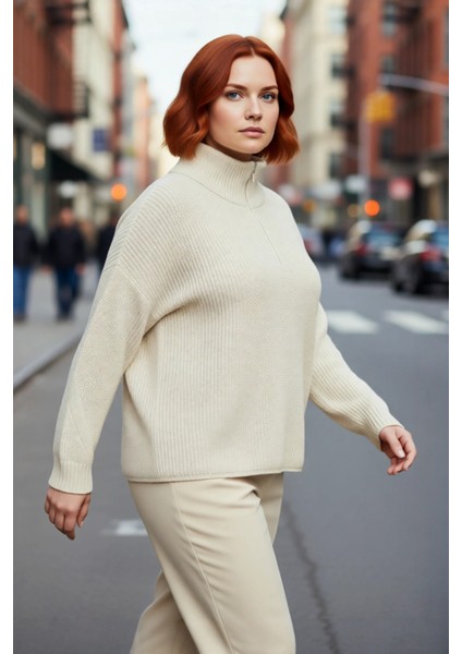 Kadın Casual Ortam Uzun Kollu Selanik Dokuma Regular Kalıp Fermuarlı Dik Yaka Triko Kazak Kaliteli fırsatları