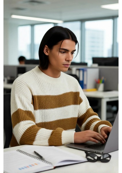 Erkek Günlük Kullanım Için Şık Çizgili Bisiklet Yaka Akrilik Uzun Kollu Oversize Triko Kazak