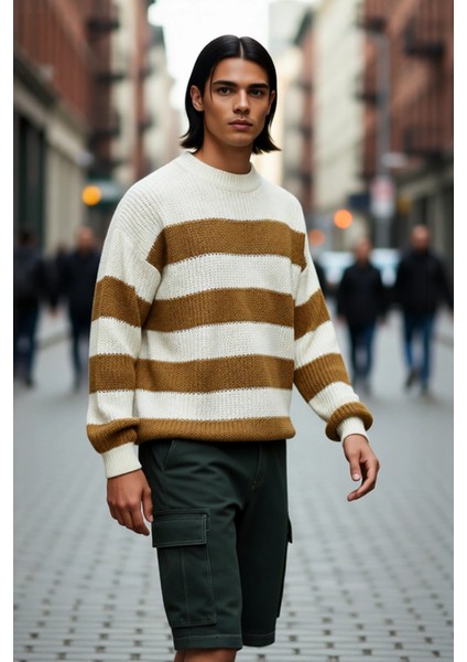 Erkek Günlük Kullanım Için Şık Çizgili Bisiklet Yaka Akrilik Uzun Kollu Oversize Triko Kazak fırsatları
