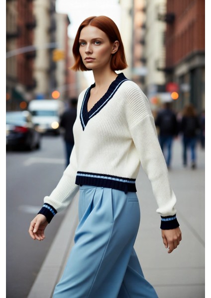 Kadınlara Özel Basic Crop V Yaka Triko Kazak Kışa Uygun Akrilik Renk Bloklu Uzun Kollu Tasarım. fırsatları