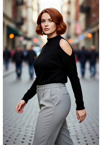 Kadın Rahat Relaxed Kalıp Dik Yaka Düşük Kollu Omzu Açık Detaylı Trend Akrilik Triko Kazak fırsatları