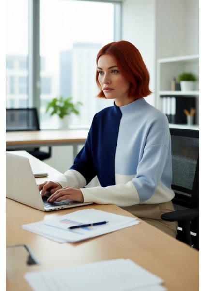 Kadın Casual Ortamlar Için Dik Yaka Renk Bloklu Standart Kol Triko Kazak Kış Şıklığı Kaliteli