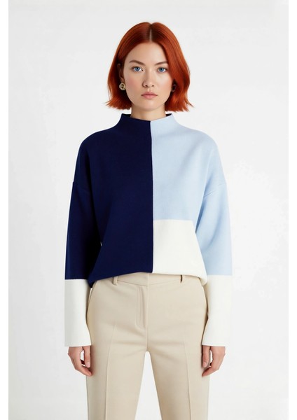 Kadın Casual Ortamlar Için Dik Yaka Renk Bloklu Standart Kol Triko Kazak Kış Şıklığı Kaliteli fiyatları