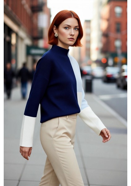 Kadın Casual Ortamlar Için Dik Yaka Renk Bloklu Standart Kol Triko Kazak Kış Şıklığı Kaliteli fırsatları