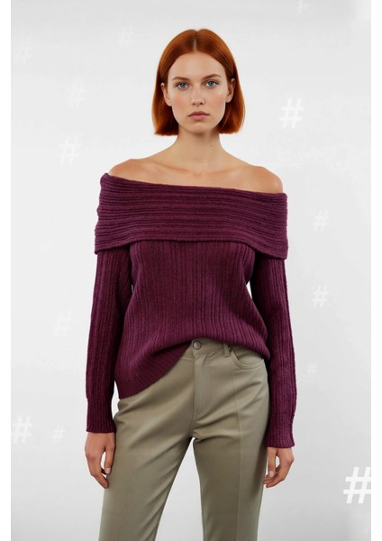 Kadın Carmen Yaka Triko Kazak Orta Kalınlıkta Regular Kalıbı Ile Kış Gündüz Gece Rahatlığı