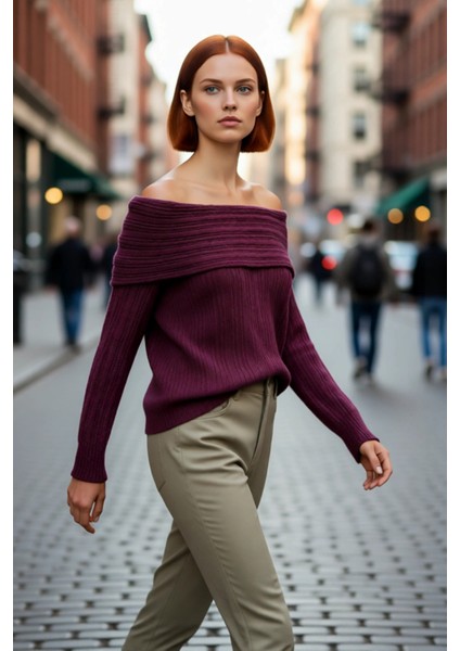 Kadın Carmen Yaka Triko Kazak Orta Kalınlıkta Regular Kalıbı Ile Kış Gündüz Gece Rahatlığı modelleri