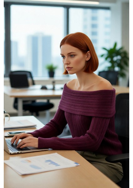 Kadın Carmen Yaka Triko Kazak Orta Kalınlıkta Regular Kalıbı Ile Kış Gündüz Gece Rahatlığı fırsatları