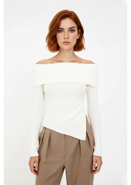 Kadın Fitted Carmen Yaka Düz Ince Triko Bluz Uzun Standart Kol Şık Tasarım Günlük ve Gece Kombinleri