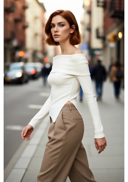 Kadın Fitted Carmen Yaka Düz Ince Triko Bluz Uzun Standart Kol Şık Tasarım Günlük ve Gece Kombinleri modelleri