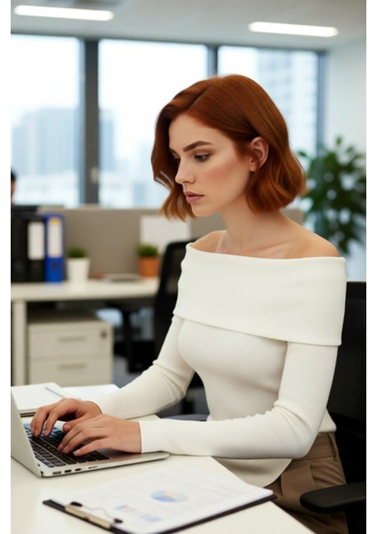 Kadın Fitted Carmen Yaka Düz Ince Triko Bluz Uzun Standart Kol Şık Tasarım Günlük ve Gece Kombinleri fırsatları