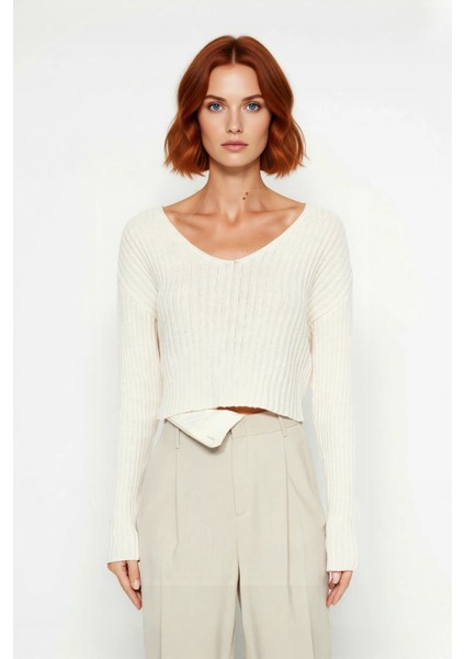 Kadın Fitilli Triko Kazak Regular Kalıp V Yaka Uzun Kollu Crop Boy Akrilik Günlük Stile Uygun fiyatları