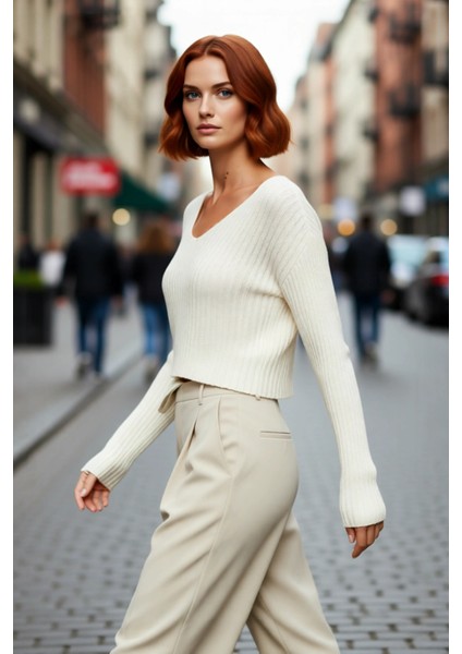 Kadın Fitilli Triko Kazak Regular Kalıp V Yaka Uzun Kollu Crop Boy Akrilik Günlük Stile Uygun fırsatları