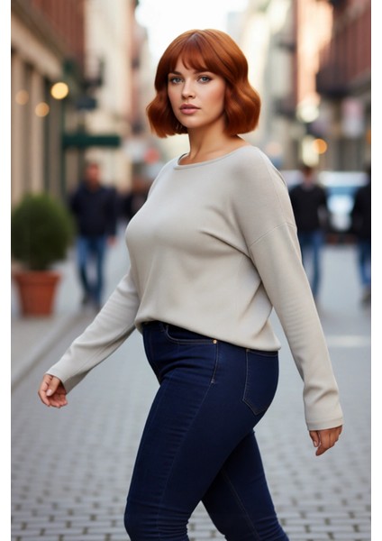 Kadın Büyük Beden Düz Desen Triko Kazak Rahat Kalıp Düşük Kol Bisiklet Yaka Kış Şıklığı Kaliteli fırsatları