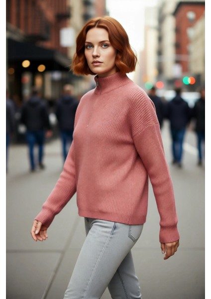 Kadın Oversize Basic Dokulu Uzun Kollu Fermuarlı Dik Yaka Selanik Örgü Triko Kazak Kaliteli modelleri