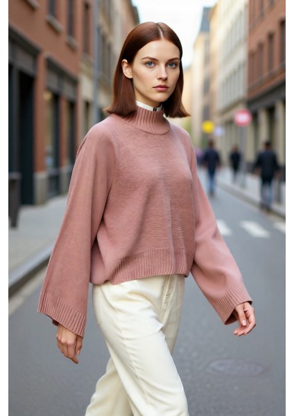 Kadın Basic Siluet Oversize Dik Yaka Ispanyol Kol Akrilik Triko Kazak Konforlu ve Modern Kaliteli fırsatları