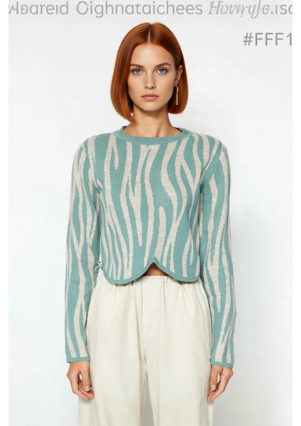 Kadın Günlük Akrilik Basic Siluet Bisiklet Yaka Uzun Kollu Crop Kesim Zebra Desenli Triko Kazak fiyatları