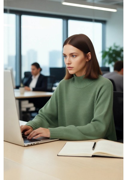 Kadın Basic Siluet Oversize Dik Yaka Ispanyol Kol Akrilik Triko Kazak Konforlu ve Modern Kaliteli