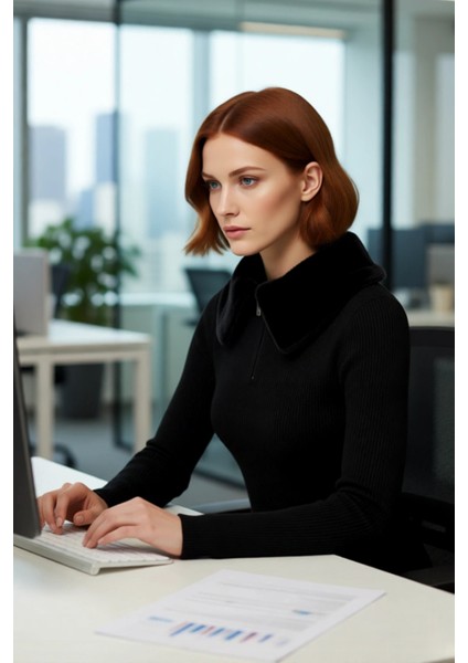 Kadın Basic Fitted Kürklü Yaka Triko Kazak Uzun Kollu Gündüz Gece Şıklığı Için Ideal Kombin Parçası