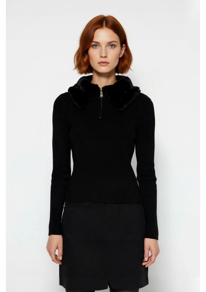 Kadın Basic Fitted Kürklü Yaka Triko Kazak Uzun Kollu Gündüz Gece Şıklığı Için Ideal Kombin Parçası fiyatları