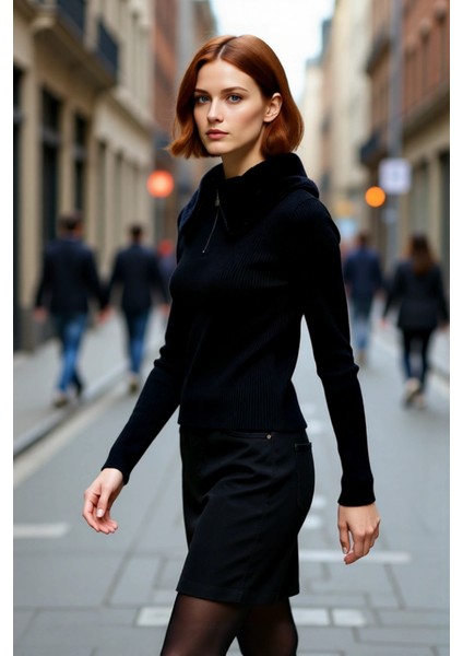 Kadın Basic Fitted Kürklü Yaka Triko Kazak Uzun Kollu Gündüz Gece Şıklığı Için Ideal Kombin Parçası fırsatları