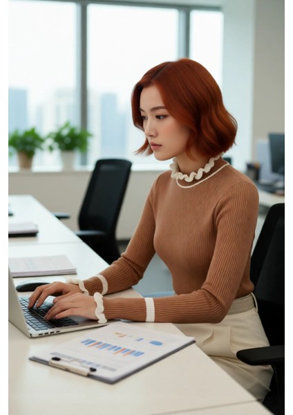 Kadın Akrilik Dokuma Dik Yaka Fitilli Triko Kazak Kış Sezonu Için Özel Tasarım Rahat ve Şık Görünüm