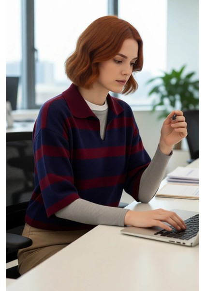 Kadın Regular Kalıp Çizgili Polo Yaka Triko Kazak Ilkbahar Sonbahar Için Ideal Basic Tasarım