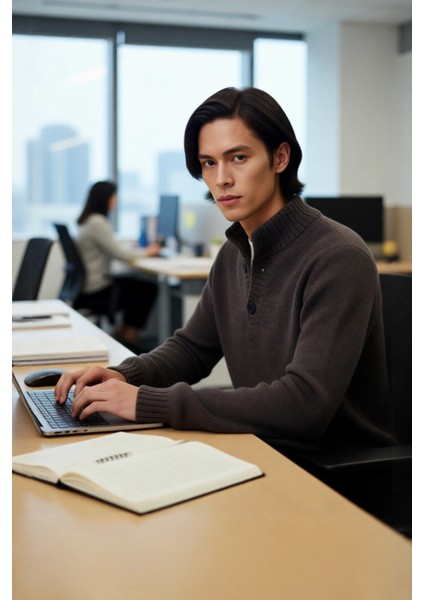 Erkek Gri Kalın Triko Düğmeli Dik Yaka Kazak Casual Ortamlar Için Konforlu ve Şık Tasarım Kaliteli