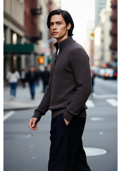 Erkek Gri Kalın Triko Düğmeli Dik Yaka Kazak Casual Ortamlar Için Konforlu ve Şık Tasarım Kaliteli fırsatları