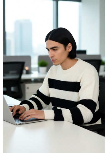 Erkek Günlük Kullanım Için Şık Çizgili Bisiklet Yaka Akrilik Uzun Kollu Oversize Triko Kazak