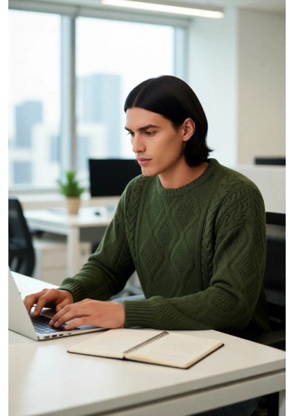 Erkek Basic Oversize Kalın Saç Örgülü Bisiklet Yaka Kazak Rahat ve Stil Sahibi Kombinler Kaliteli