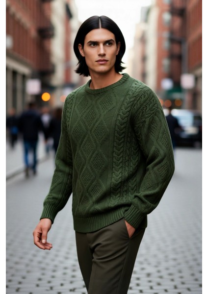 Erkek Basic Oversize Kalın Saç Örgülü Bisiklet Yaka Kazak Rahat ve Stil Sahibi Kombinler Kaliteli fırsatları