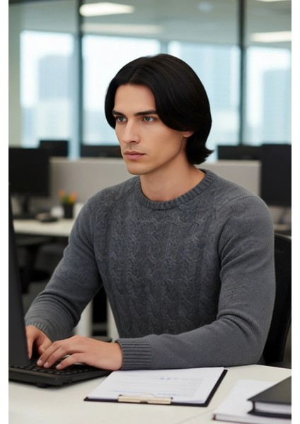 Erkek Bisiklet Yaka Antrasit Triko Kazak Saç Örgü Desenli Slim Kalıp Kışlık Şıklık Sunar Kaliteli