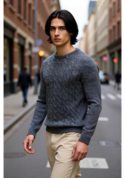 Erkek Bisiklet Yaka Antrasit Triko Kazak Saç Örgü Desenli Slim Kalıp Kışlık Şıklık Sunar Kaliteli fırsatları