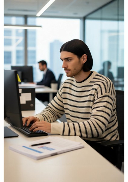 Erkek Oversize Bisiklet Yaka Çizgili Triko Kazak Günlük Kombinler Için Konforlu ve Trend Bir Stildir