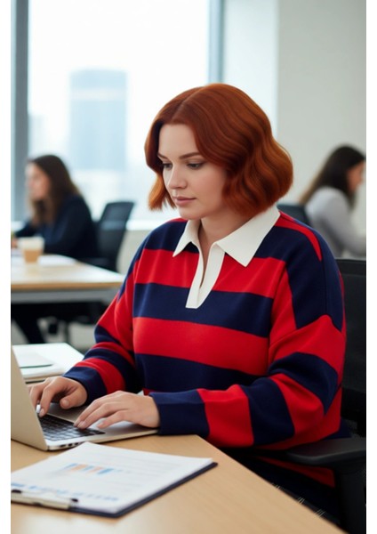 Kadın Konforlu Rahat Kesim Polo Yaka Çizgili Uzun Kollu Triko Kazak Orta Kalınlık Günlük Şıklık