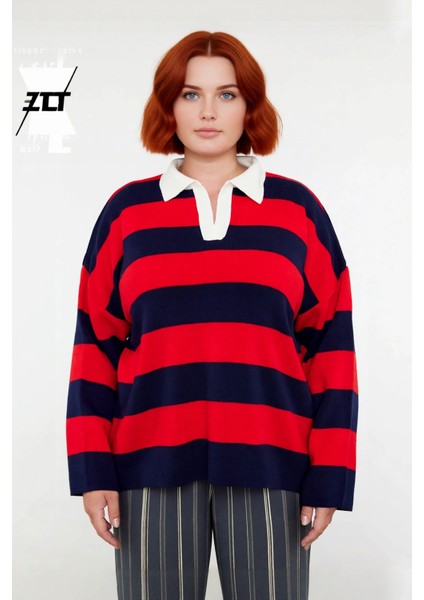 Kadın Konforlu Rahat Kesim Polo Yaka Çizgili Uzun Kollu Triko Kazak Orta Kalınlık Günlük Şıklık fiyatları