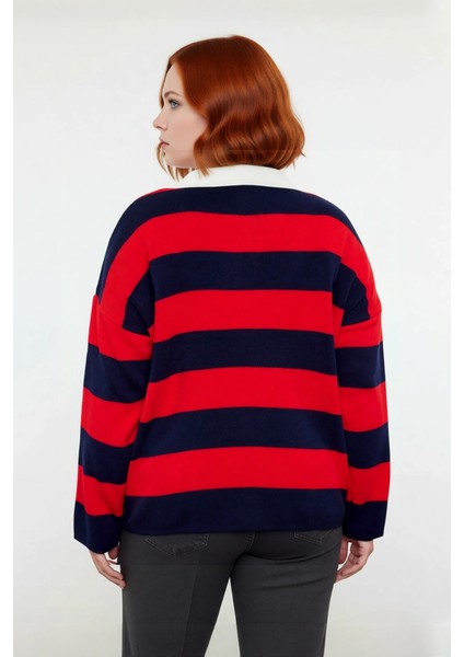 Kadın Konforlu Rahat Kesim Polo Yaka Çizgili Uzun Kollu Triko Kazak Orta Kalınlık Günlük Şıklık modelleri