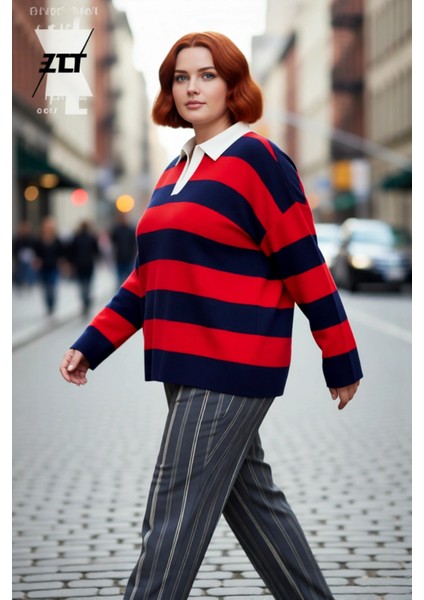 Kadın Konforlu Rahat Kesim Polo Yaka Çizgili Uzun Kollu Triko Kazak Orta Kalınlık Günlük Şıklık fırsatları