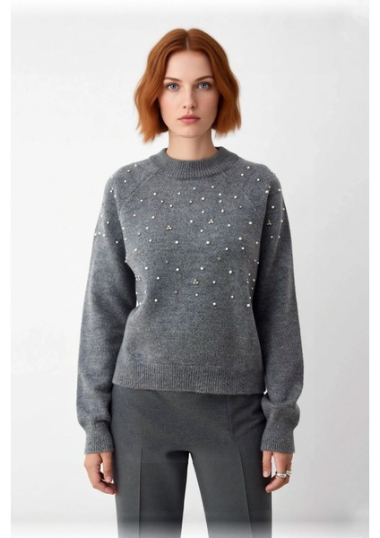 Kadınlara Özel Regular Kesim Kalın Triko Bisiklet Yaka Taş Inci Işlemeli Günlük Kazak Kaliteli