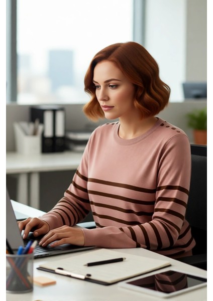 Kadın Bisiklet Yaka Çizgili Triko Kazak Standart Kol Rahat Kalıp Günlük Sonbahar Kış Şıklığı